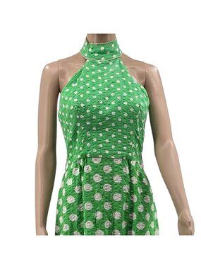Vintage Green Polka Dot Halter Maxi Dress With Ruffle Hem & Open Back